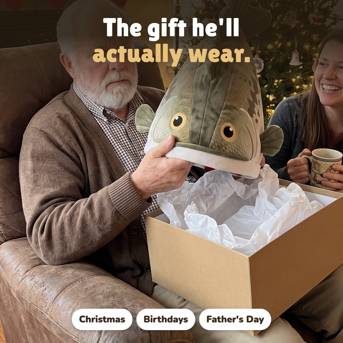 Grandpa unboxing a Hawg Hat at Christmas