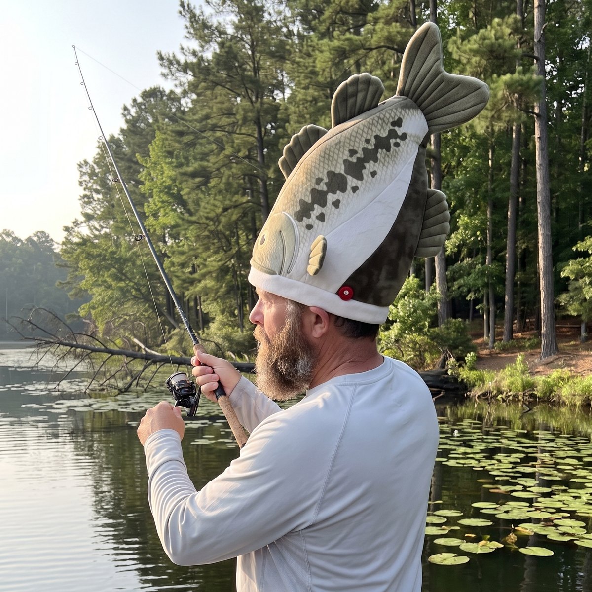 Angler casting from a boat wearing the Hawg Hat