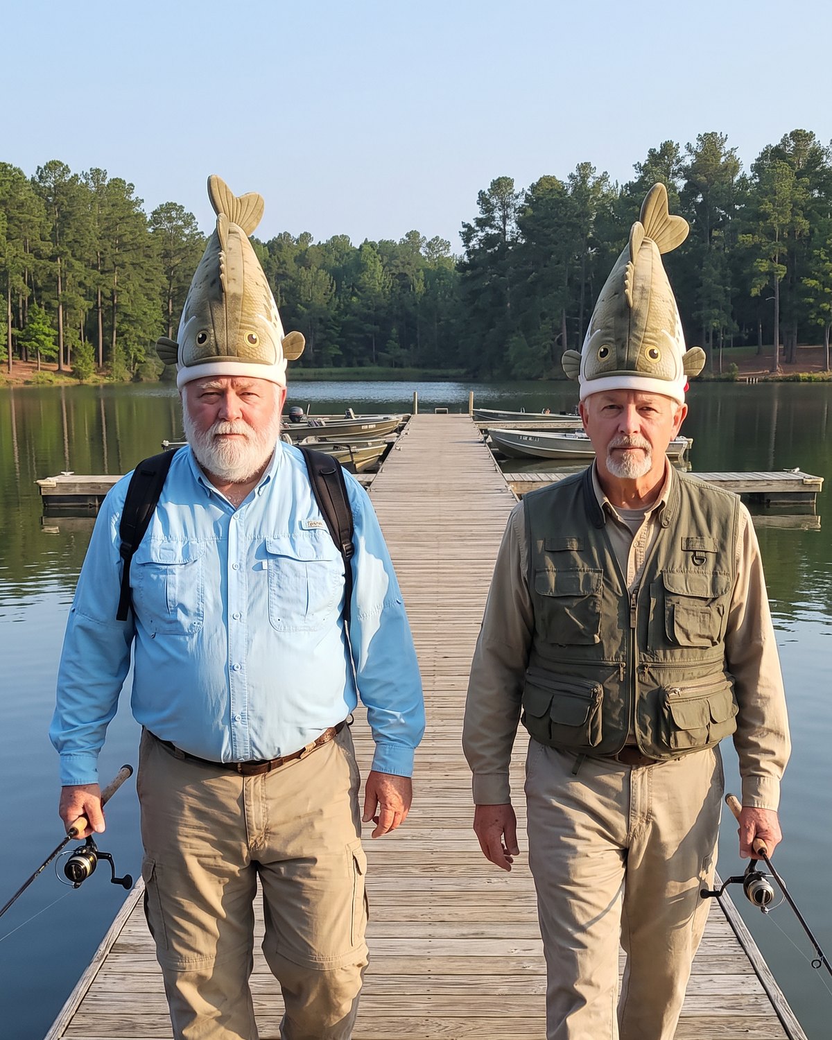 Two fishing buddies in Hawg Hats walking down the dock