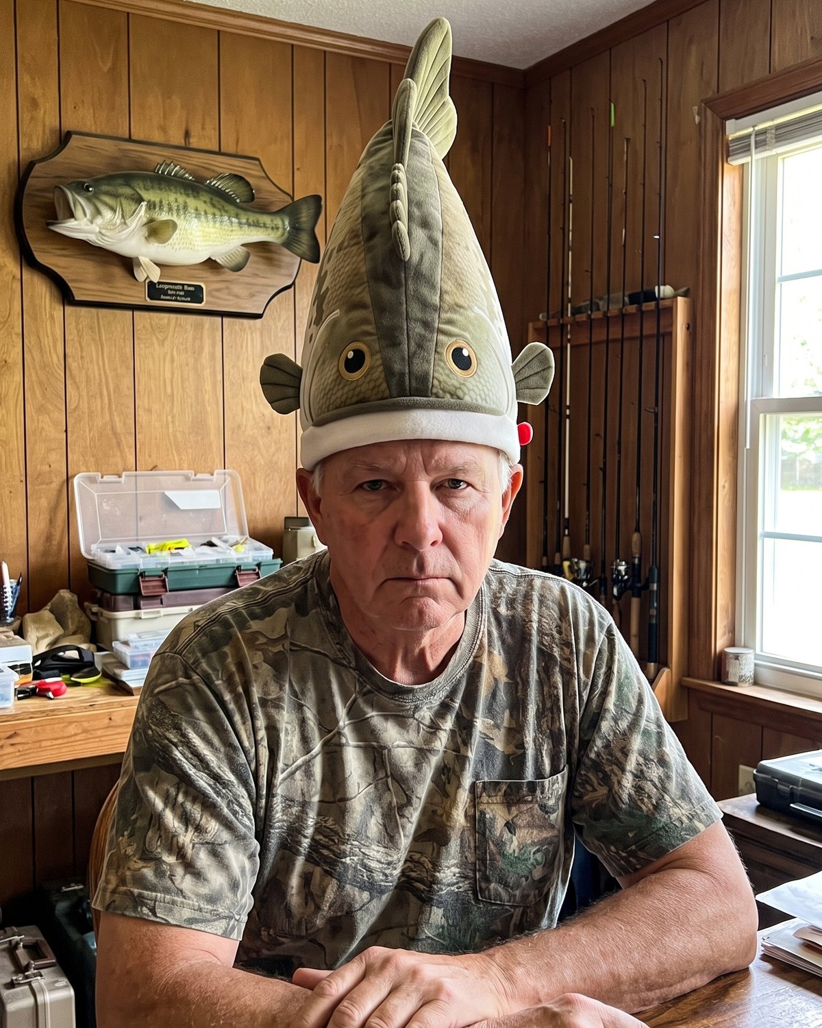 Angler in his fishing den wearing a Hawg Hat